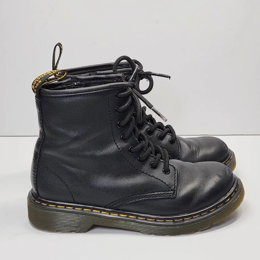 Dr. Martens Boots Kids Size 2 Black Leather 1460 J Combat Lace Up Zip Ankle